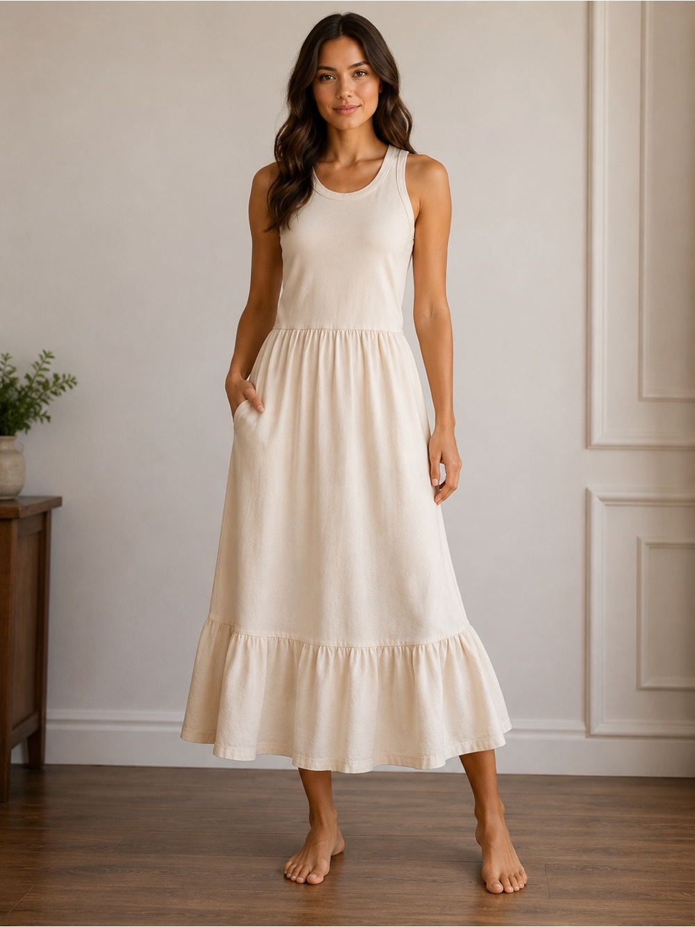 GAP Cream Sleeveless Maxi Dress with Ruffle Hem